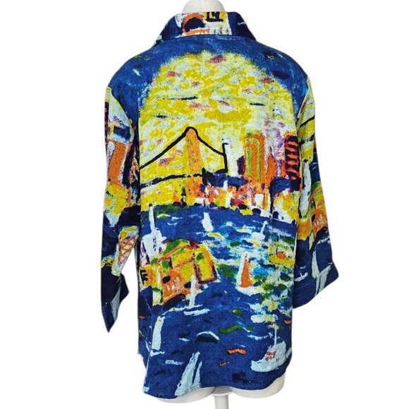 Michael Leu Womens Art To Wear, Bridge, Water, Cotton, Button Front, Gems, Sz XL - Picture 2 of 10